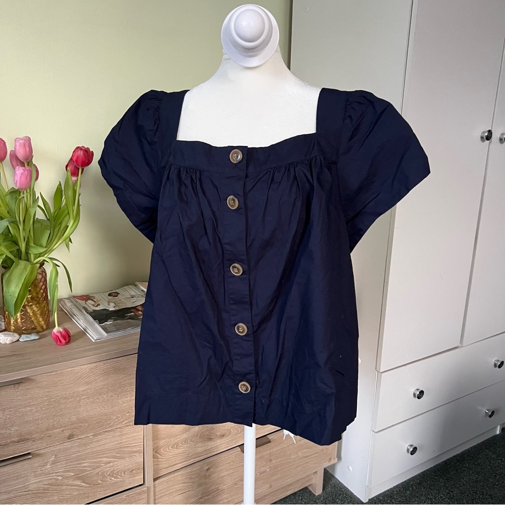 J CREW Navy Blue 100% Cotton Square-Neck Button Puff Cap Sleeve Poplin Blouse XL - Picture 2 of 16